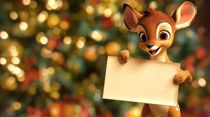 happy baby deer holding an empty sign board in front of a christmas tree background