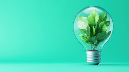Green Plant Growth in Light Bulb with Turquoise Background for Eco Concept