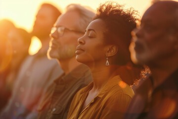 Multicultural Christian congregation at sunrise Easter worship, diversity expressing joy and unity in faith. Soft warm light Ideal for church marketing, event flyers, and inclusive religious content.