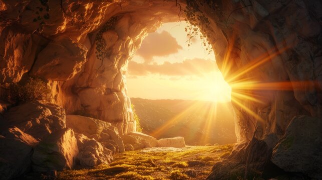 A dramatic empty tomb Easter background with sunrise light streaming through an open stone door, symbolizing resurrection and hope. Perfect for church posters, worship slides Easter greeting design