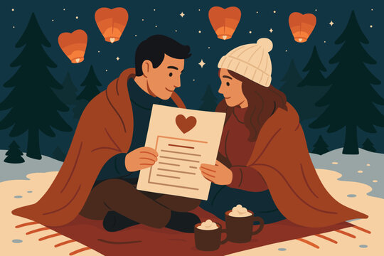 Nearby couple scene pine blanket menu romantic winter picnic draped looking vector
