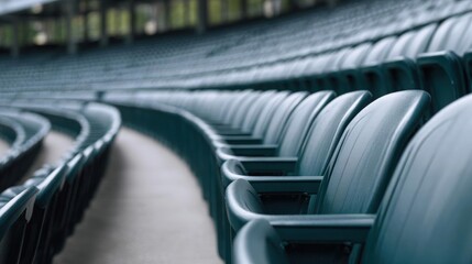 Fototapeta premium Row of empty green plastic seats in a stadium. the seats are arranged in a straight line, with the backrests facing towards the left side of the image.