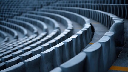 Close-up of a row of empty seats in an empty stadium. the seats are arranged in a curved pattern, with each seat facing towards the right side of the image.