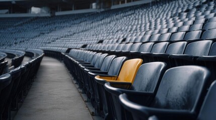 Fototapeta premium Empty stadium with rows of empty seats. the seats are arranged in a neat and orderly manner, with the rows facing towards the left side of the image.