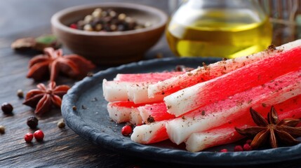 Crab sticks are arranged on a black plate with various spices and herbs around them. There is a small bowl of pepper and a bottle of oil nearby. The scene is set on a wooden table.