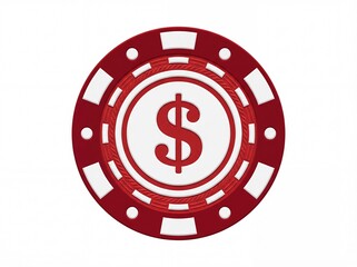 Red gambling chip with dollar sign placed on a plain background for game usage or casino activities