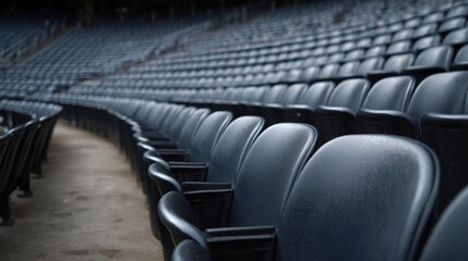 Naklejka premium Row of empty black chairs in an empty stadium. the chairs are arranged in a straight line, facing towards the left side of the image.