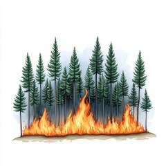 Forest Fire with Tall Pine Trees and Intense Flames in Bright Colors