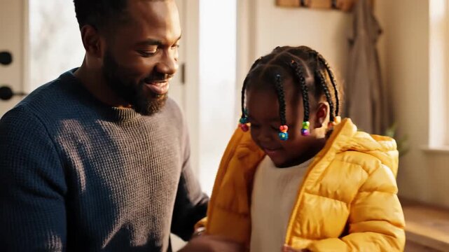 Father zipping up his daughter's yellow puffer jacket, happy family moment, getting ready to go out