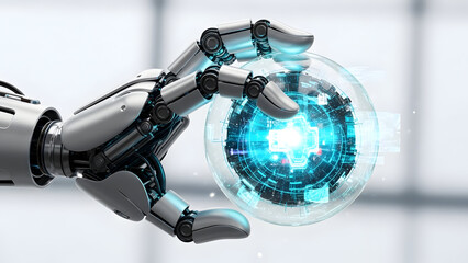 Robotic hand holding a glowing data sphere, advanced technology concept, white soft blur background