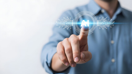 Human hand touching a minimal holographic AI icon, clean white blur background, soft lighting