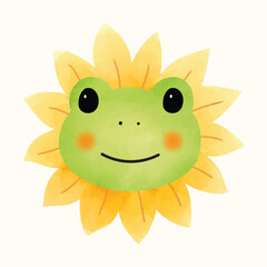 Fototapeta premium Cute whimsical frog with sunflower crown doodle watercolor. Frog smiling illustration isolated vector for children book, kid, school, sticker
