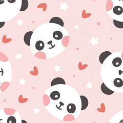 Cute panda faces on pink background with hearts and stars