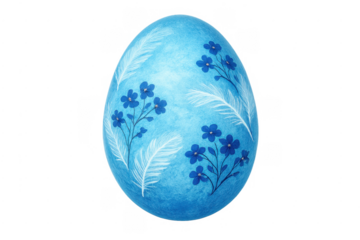 Blue easter egg with floral pattern and feathers