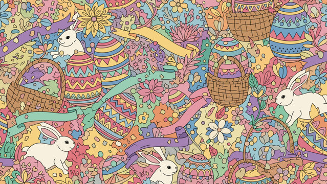 Colorful easter pattern with bunnies and decorated eggs on vibrant background