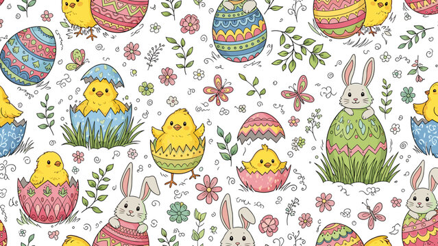 Colorful easter pattern with chicks, bunnies, eggs, and flowers