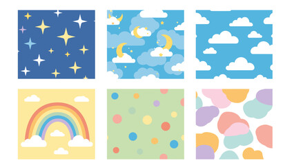 Fototapeta premium Colorful whimsical illustrations of clouds rainbows and balloons