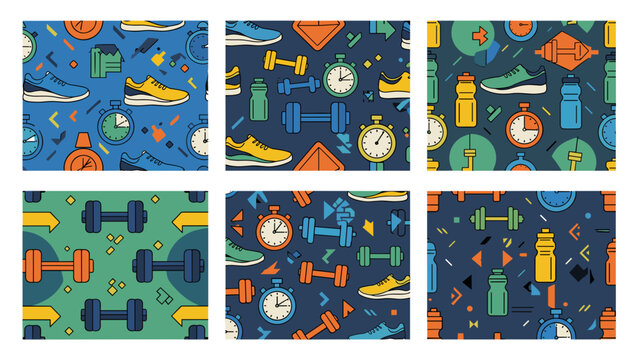 Vibrant seamless patterns featuring fitness equipment and accessories on colorful backgrounds