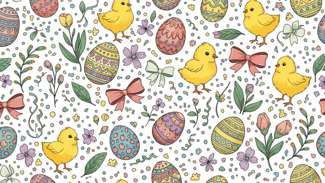 Colorful easter pattern with chicks eggs flowers and bows