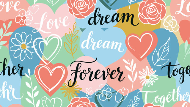 Colorful heart and flower pattern with love words on pastel background