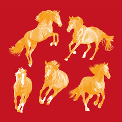 A collection of horses for Chinese new year, vector illustration, line drawing halftone style.
