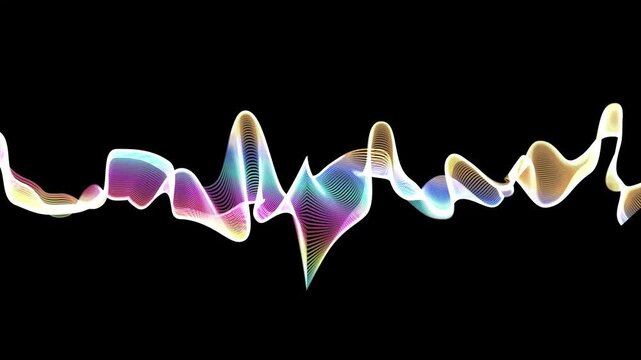 Abstract audio wave visualization on black screen background, white line sound waveform with rhythmic frequency motion, digital music equalizer spectrum animation for voice, beat and audio visualizer