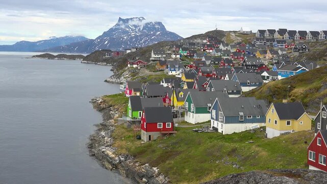 GREENLAND - 11.4.2025 - Excellent aerial view of colorful houses on the coast of Nuuk, Greenland's historic district.