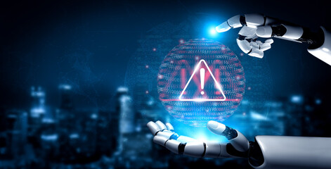 A robotic hand hovers over a digital alert symbol, surrounded by binary code, symbolizing the intersection of technology, caution, and the future of innovation. Gantry