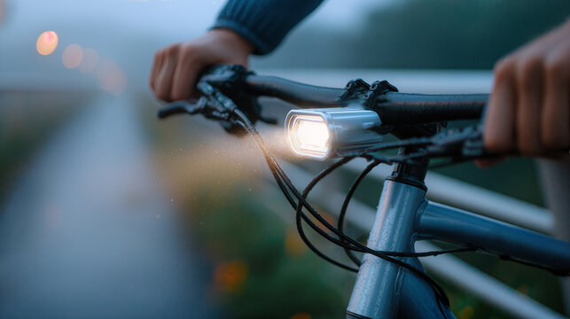 Crossing Lights on a Bike Ride Focused Cyclist Gripping Handlebars with Bright Headlight Glowing on a Misty