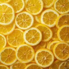 Full frame of yellow lemon slices background with bright light for food and drink concepts.