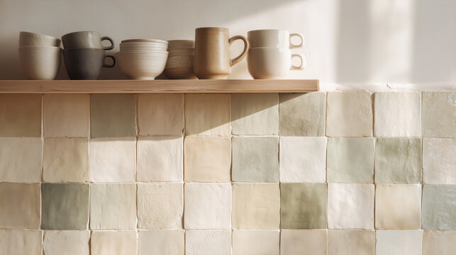 Cozy kitchen shelf with ceramic cups above handmade zellige tile wall in soft beige and sage tones, warm natural sunlight and shadows, rustic interior background with copy space.