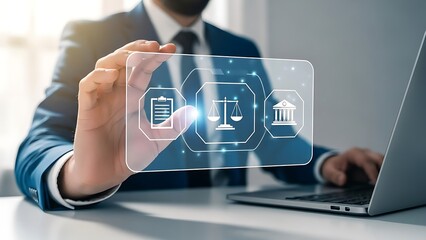 Businessman interacting with virtual data interface on transparent screen