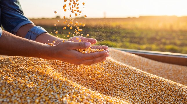 Corn harvest farmer holding grains in hands agriculture farming field crops maize food