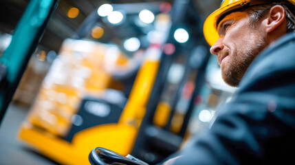 Focused worker operating a forklift in a busy warehouse environment during the day