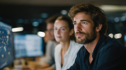 A startup team participates in a virtual business meeting on monitors, whiteboard sketches and coffee cups visible, leaders exchanging ideas and roadmaps while remote colleagues share charts.
