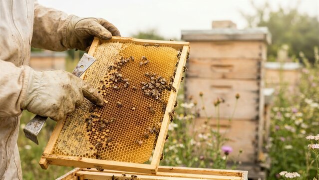 Beekeeper holding a frame with honeycomb and bees, inspecting it with a hive tool. Beekeeping industry for honey production. Environmental conservation concept