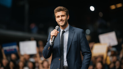 A speaker stands confidently on a stage at a dynamic rally, passionately addressing an enthusiastic audience eager for change, with vibrant signs held high expressing their hopes and beliefs.