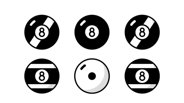 A graphic collection of six variations of the number 8 billiard balls, alongside a single solid white cue ball for pool games.