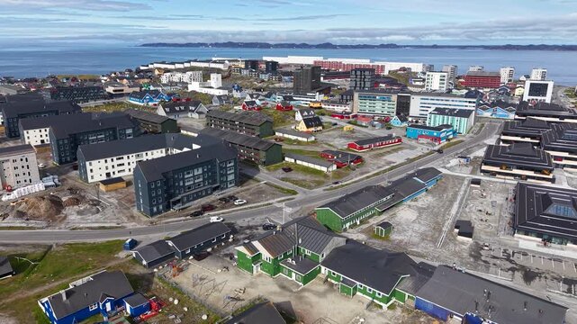 GREENLAND - 11.4.2025 - Great aerial footage moving over the city of Nuuk, Greenland.