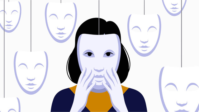 A melancholic woman with a pale face holds her hands to her mouth, surrounded by hanging white masks, symbolizing hidden emotions or identity.