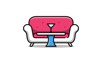Fototapeta premium A cozy pink sofa with a clean white base and a small blue table featuring a martini glass, symbolizing comfort, relaxation, and modern lounge settings.