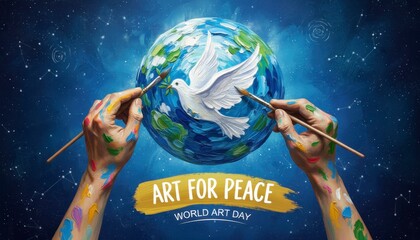 Hands painting peace dove on glowing Earth globe, World Art for Peace Day concept.
