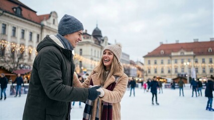 Fototapeta premium Man and woman ice skating and laughing on outdoor rink. Winter holiday activity and happy couple concept. Fun leisure time
