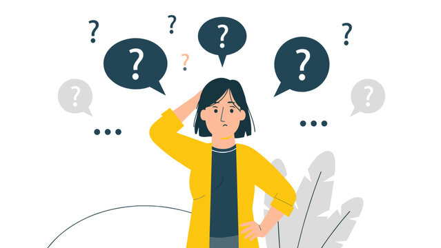 A confused young woman with dark hair stands with question marks floating around her head, symbolizing uncertainty, doubt, and complex decision-making.