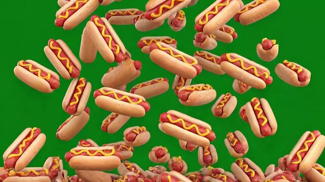 Hotdogs falling animation on a green screen background