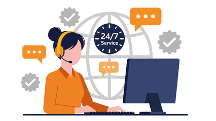 A friendly female customer service representative wearing a headset works at a computer providing 24/7 support.