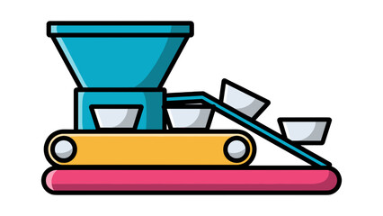 An industrial conveyor belt system with a hopper feeding small containers down an automated production line.