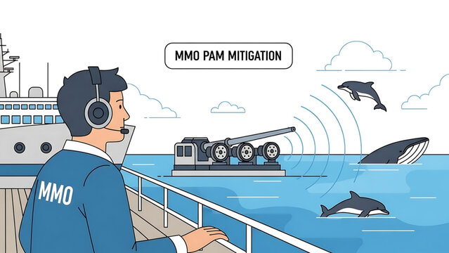 Oil A vector graphic illustration of a man wearing a headset standing on a ship deck with a tank and dolphins in the water