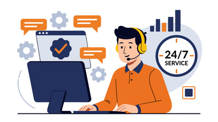 A friendly male customer service representative with a headset, working at a computer, with 24/7 service and chat bubbles.