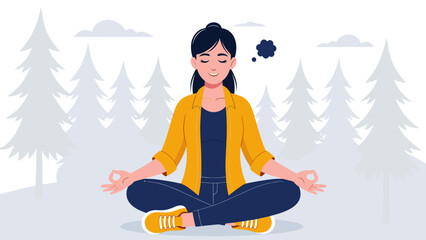 A tranquil woman meditates in a lotus position amidst a serene winter landscape, surrounded by snow-covered pine trees.